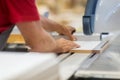 Carpenter with panel saw and fibreboard at factory Royalty Free Stock Photo