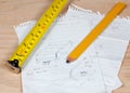 Carpenter pencil and rule on plans Royalty Free Stock Photo