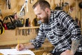 Carpenter planning new work in the workshop