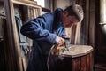 Carpenter restoring furniture with belt sander Royalty Free Stock Photo