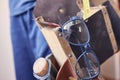 Carpenter`s belt with tools. Tight closeup. Unrecognizable person