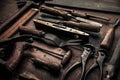 Carpenter`s old tools closeup on wooden workbench Royalty Free Stock Photo