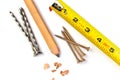 Carpenter's Pencil with Sharpening Shavings, Tape Measure, Framing Nails and Deck Screws