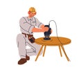 Carpenter sanding wood furniture with electric tool, woodwork machine, orbital sander. Restoring, polishing, buffing