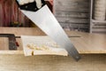 Carpenter sawing a board with a hand wood saw Royalty Free Stock Photo