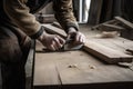 carpenter, sawing boards with handsaw for new project Royalty Free Stock Photo