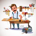 carpenter sawing wood board at the workshop. set of tools. character design - vector Royalty Free Stock Photo
