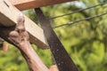 A carpenter saws off the excess edge of a wood rafter. Building or reconstructing a wooden roof frame for a rural home