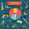 Carpenter service vector concept design. Woodworker banner backg