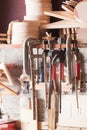 Carpenter tools fixed on the wall at workshop Royalty Free Stock Photo