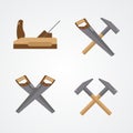 Carpenter tools isolated on white background. Set flat icons. Saw, hammer, plane. Royalty Free Stock Photo