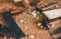 Carpenter tools  with ruler  pen hammer and chisel on table in workshop Royalty Free Stock Photo