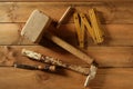 Carpenter tools saw hammer wood tape plane gouge Royalty Free Stock Photo