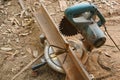 Carpenter tools sawdust. Circular Saw,carpenter machine on working Royalty Free Stock Photo