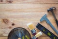 Carpenter tools on wood board Royalty Free Stock Photo