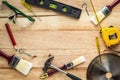 Carpenter tools on wood board Royalty Free Stock Photo