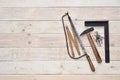 Carpenter tools on wood Royalty Free Stock Photo