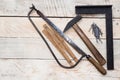 Carpenter tools on wood Royalty Free Stock Photo