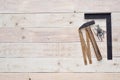 Carpenter tools on wood with space on left Royalty Free Stock Photo