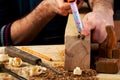 Carpenter tools on wood table background. Copy space. Top view