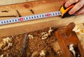 Carpenter tools on wood table background. Copy space. Top view Royalty Free Stock Photo