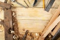 Carpenter tools on wood table background. Top view. Copy space Royalty Free Stock Photo