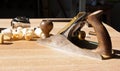 Carpenter tools on a wooden board in the workshop . Royalty Free Stock Photo