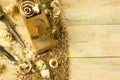 Carpenter tools on wooden table with sawdust. Craftperson workplace top view Royalty Free Stock Photo