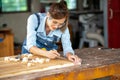 A carpenter uses equipment on a wooden table in a carpentry shop. woman working in a carpentry shop Royalty Free Stock Photo