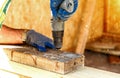 Carpenter using an electric screwdriver screwing wood screw into wood, Install and repair structures fixtures made from wood