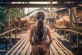 Carpenter woman long hair sawmill. Generate Ai