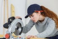 carpenter woman working in workshop Royalty Free Stock Photo
