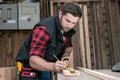 Carpenter, wood worker work measuring, drilling and making timber product