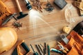 Carpenter woodwork workshop desk top view copy space Royalty Free Stock Photo