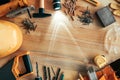 Carpenter woodwork workshop desk top view copy space Royalty Free Stock Photo