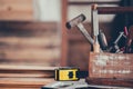 Carpenter work at home. Happy Labor day concept. Lock down and Self-quarantine Royalty Free Stock Photo