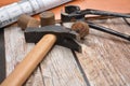 Carpenter work tools hammer pincer nail project building