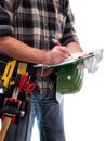 Carpenter with work tools on a white background. Carpentry