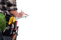 Carpenter with work tools on a white background. Carpentry