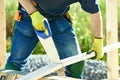 Carpenter worker cutting wood board Royalty Free Stock Photo