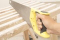 Carpenter worker cutting wood board Royalty Free Stock Photo