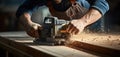 Carpenter working with electric planer on wooden plank in workshop. Generative AI