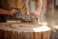 Carpenter working with electric planer on wooden stump outdoors Royalty Free Stock Photo