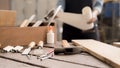 Carpenter working with equipment on wooden table Royalty Free Stock Photo