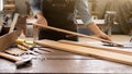 Carpenter working with equipment on wooden table Royalty Free Stock Photo