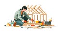 Carpenter working on house frame, construction concept, builder activity with tools and materials Royalty Free Stock Photo