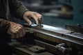 Carpenter working on a lathe, closeup of hands, An industrial workers hands close up of working in project, AI Generated Royalty Free Stock Photo