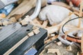 Carpenter working with a wood product, hand tools, close up cutting wooden boards. Royalty Free Stock Photo