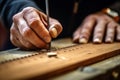 Carpenter working on wood, wood carving. Old man hands holding a tool closeup. Generative AI