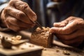 Carpenter working on wood, wood carving. Old man hands holding a tool closeup. Generative AI